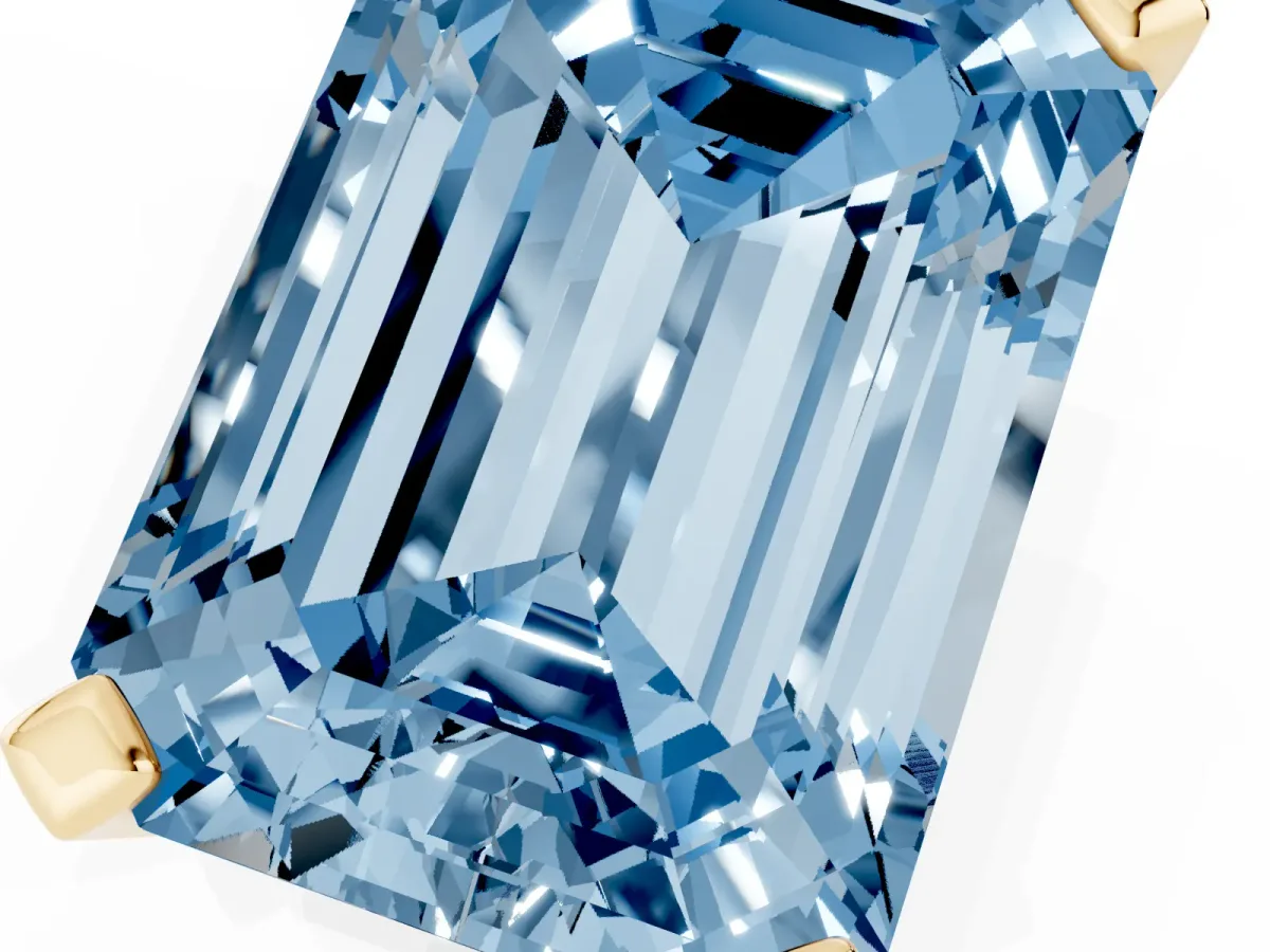 Fancy Blue Emerald Cut Diamond Solitaire Ring with Prong Setting and Classic Band Yellow gold