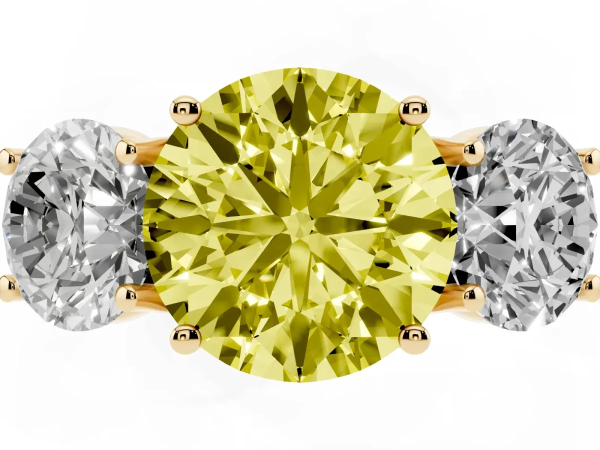 Fancy Yellow Three-Stone Round Cut Diamond Pavé Band with Prong Setting Yellow gold