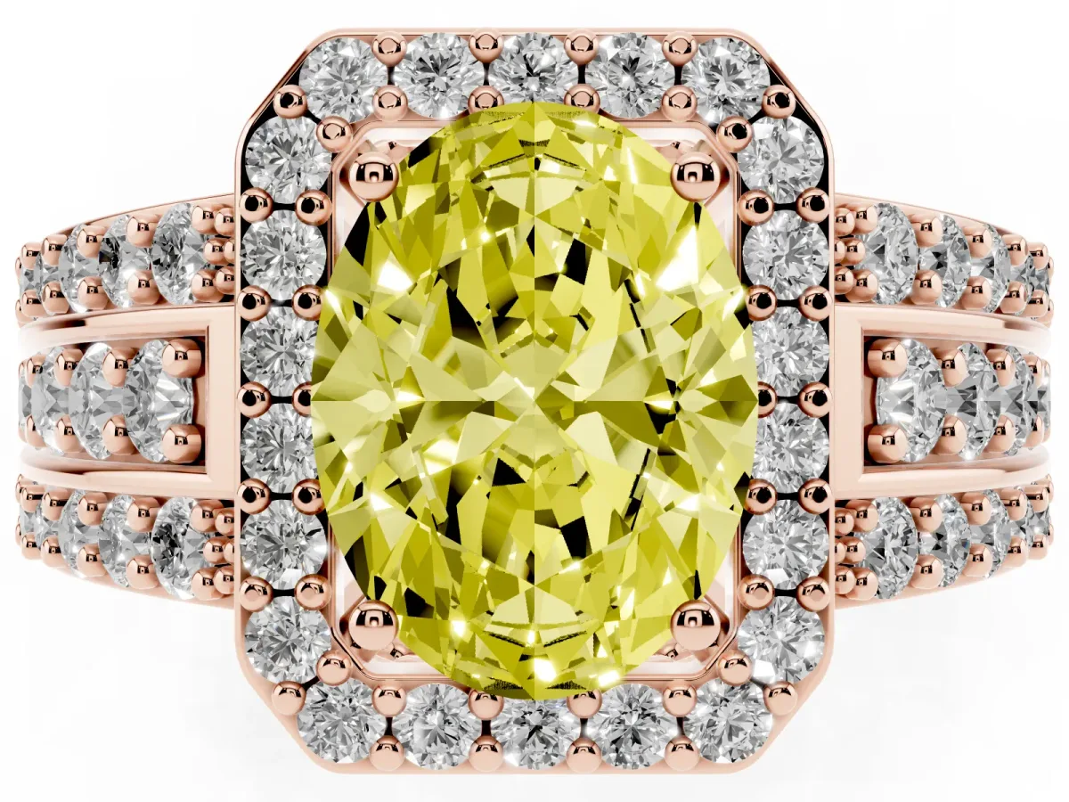 Fancy Yellow Oval Cut Halo Diamond Ring with Round Split Shank and Prong Setting Rose gold