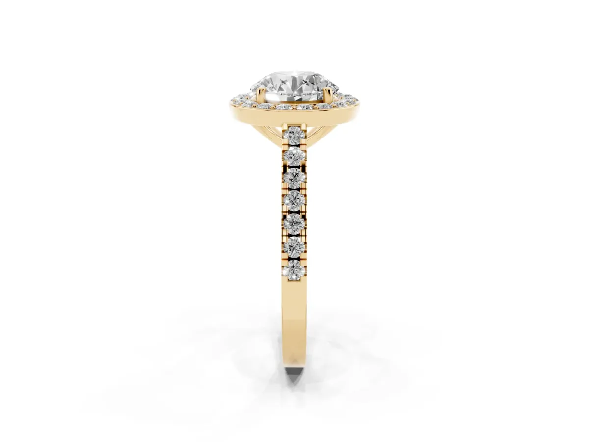 Round Cut Diamond Halo Ring with Round Pavé Split Shank and Prong Setting Yellow gold