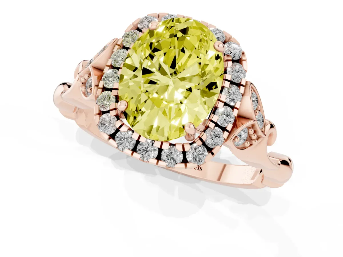 Fancy Yellow Oval Cut Halo Diamond Engagement Ring with Vintage-Inspired Band and Four-Prong Setting Rose gold