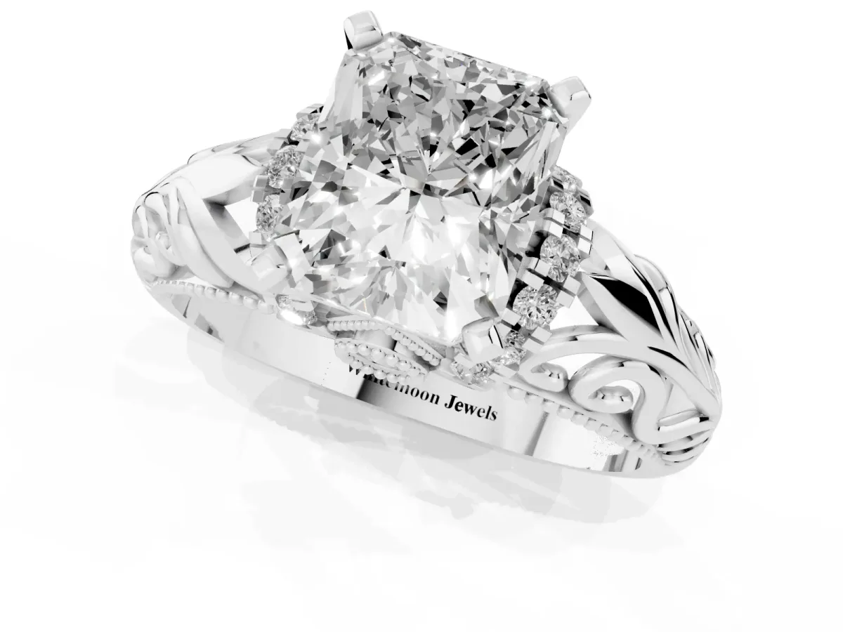 Radiant Cut Solitaire Filigree Engagement Ring with Halo and Prong Setting Silver