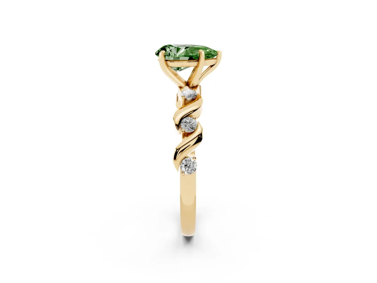 Fancy Green Pear Cut Diamond Solitaire Twisted Band with Round Accents and Prong Setting Yellow gold