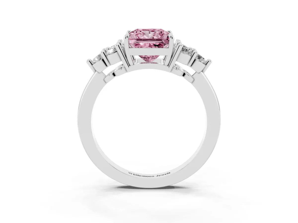 Fancy Pink Princess Cut Brilliant Diamond Cluster Accent Solitaire Ring with Prong Setting Silver