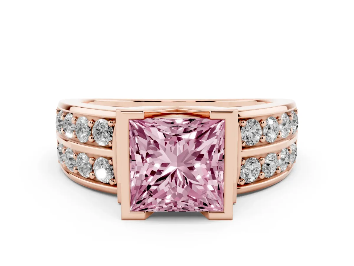 Fancy Pink Princess Cut Brilliant Diamond Channel Set Wide Band Ring with Bezel Setting Rose gold