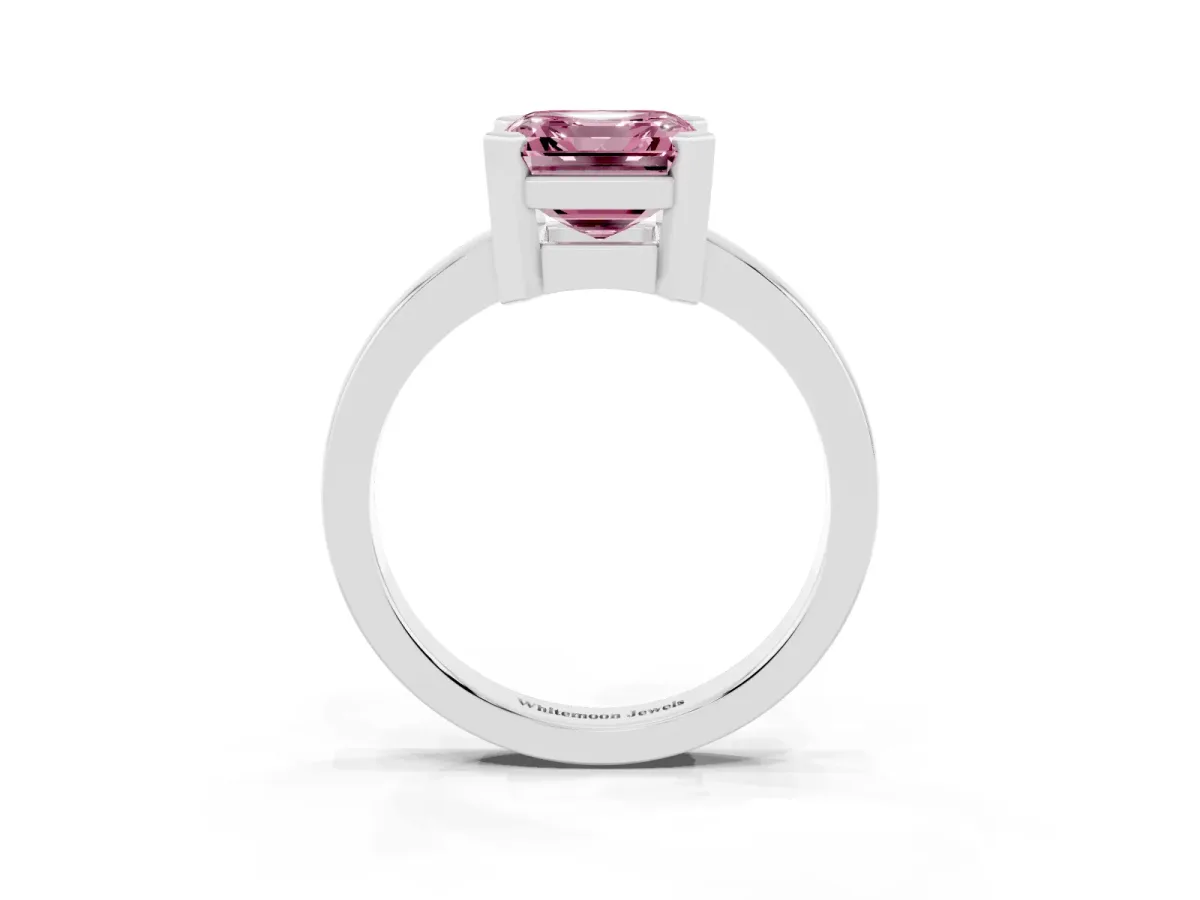 Fancy Pink Asscher Cut Cut Solitaire Ring with Four-Prong Setting and Classic Band Silver
