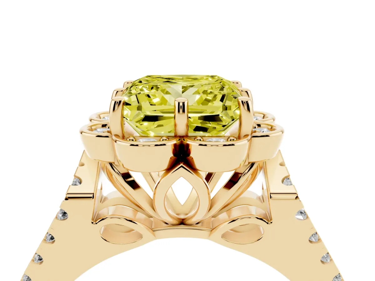Fancy Yellow Princess Cut Halo Diamond Floral Split Shank Engagement Ring Yellow gold