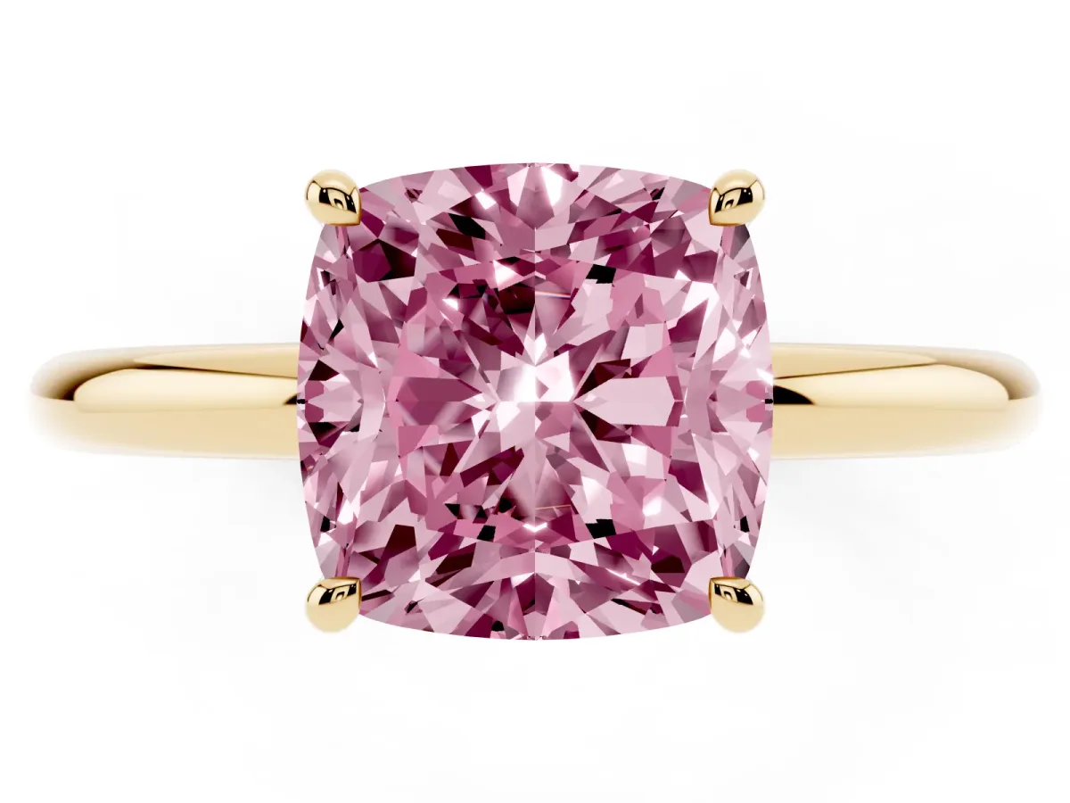 Fancy Pink Cushion Cut Diamond Solitaire Ring with Thin Band and Four-Prong Setting Yellow gold