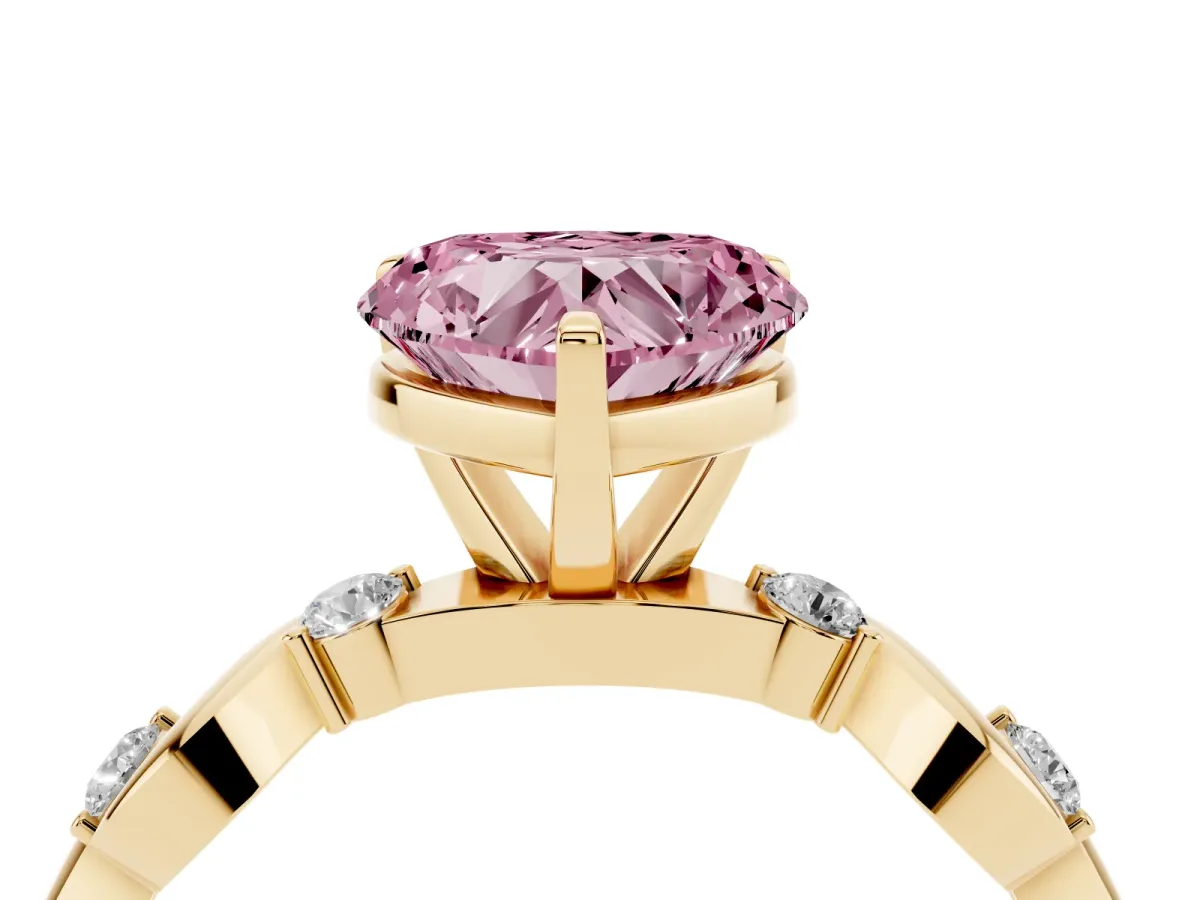 Fancy Pink Heart Cut Diamond Solitaire Twisted Band with Round Accents and Prong Setting Yellow gold