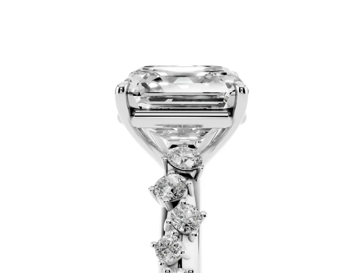 Asscher Cut Diamond Cluster Side Stone Solitaire Ring with Prong Setting Platinum