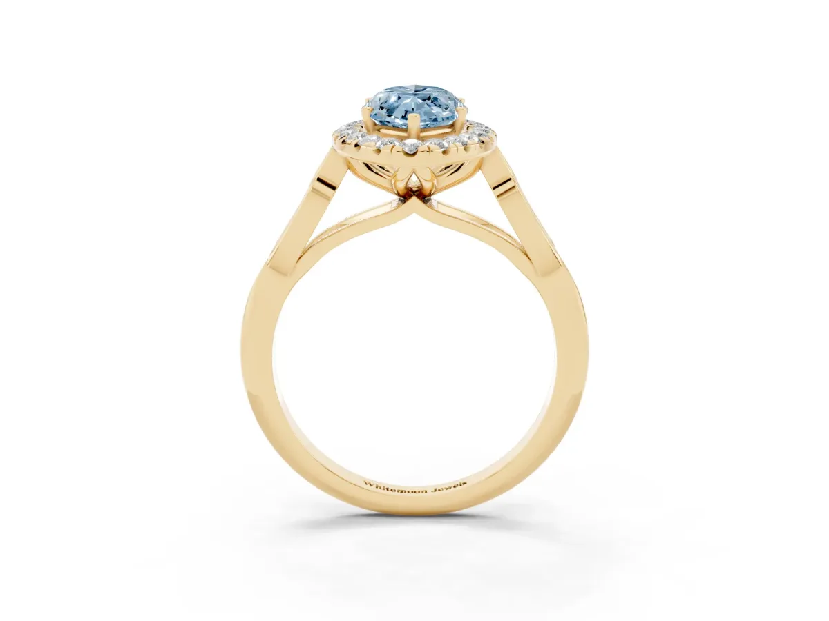 Fancy Blue Marquise Cut Halo Diamond Engagement Ring with Filigree Band and Four-Prong Setting Yellow gold