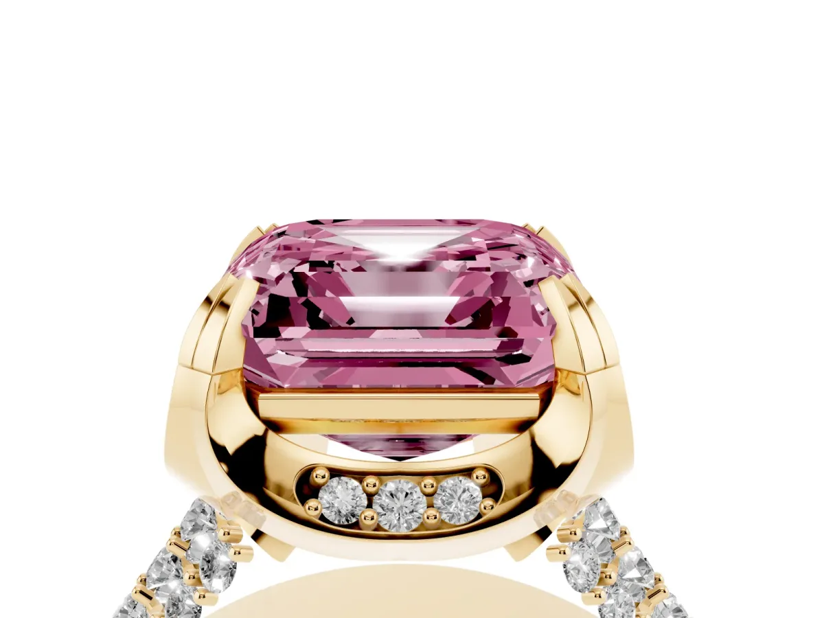 Fancy Pink Asscher Cut Solitaire Pave Split Shank Ring with Four-Prong Setting Yellow gold