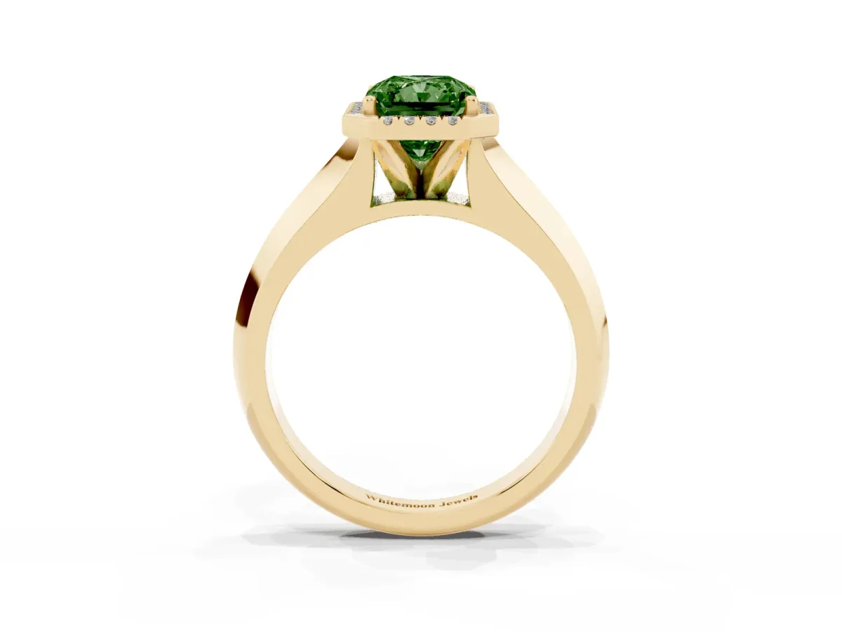 Fancy Green Radiant Cut Halo Diamond Ring with Cathedral Band and Four-Prong Setting Yellow gold