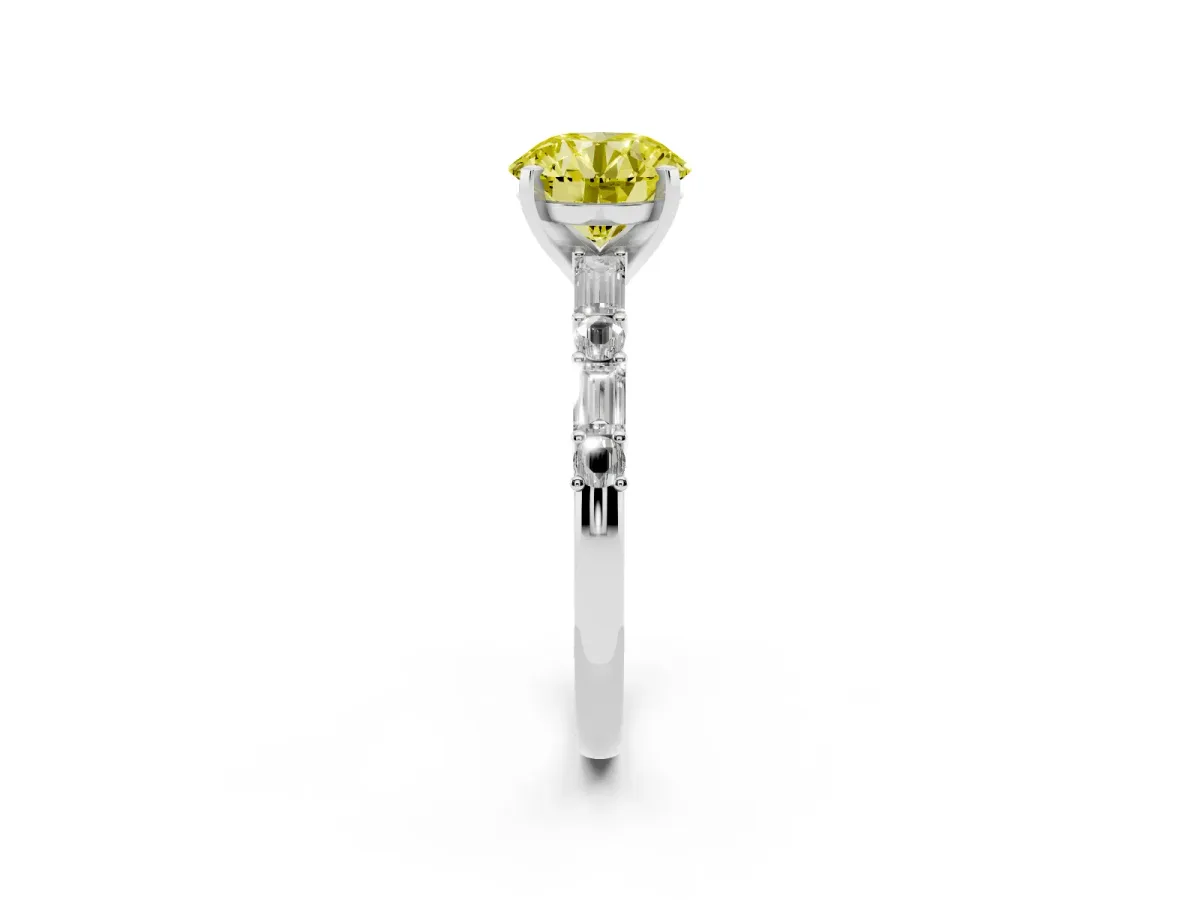 Fancy Yellow Round Cut Diamond Solitaire with Side Baguettes and Channel Set Band Platinum