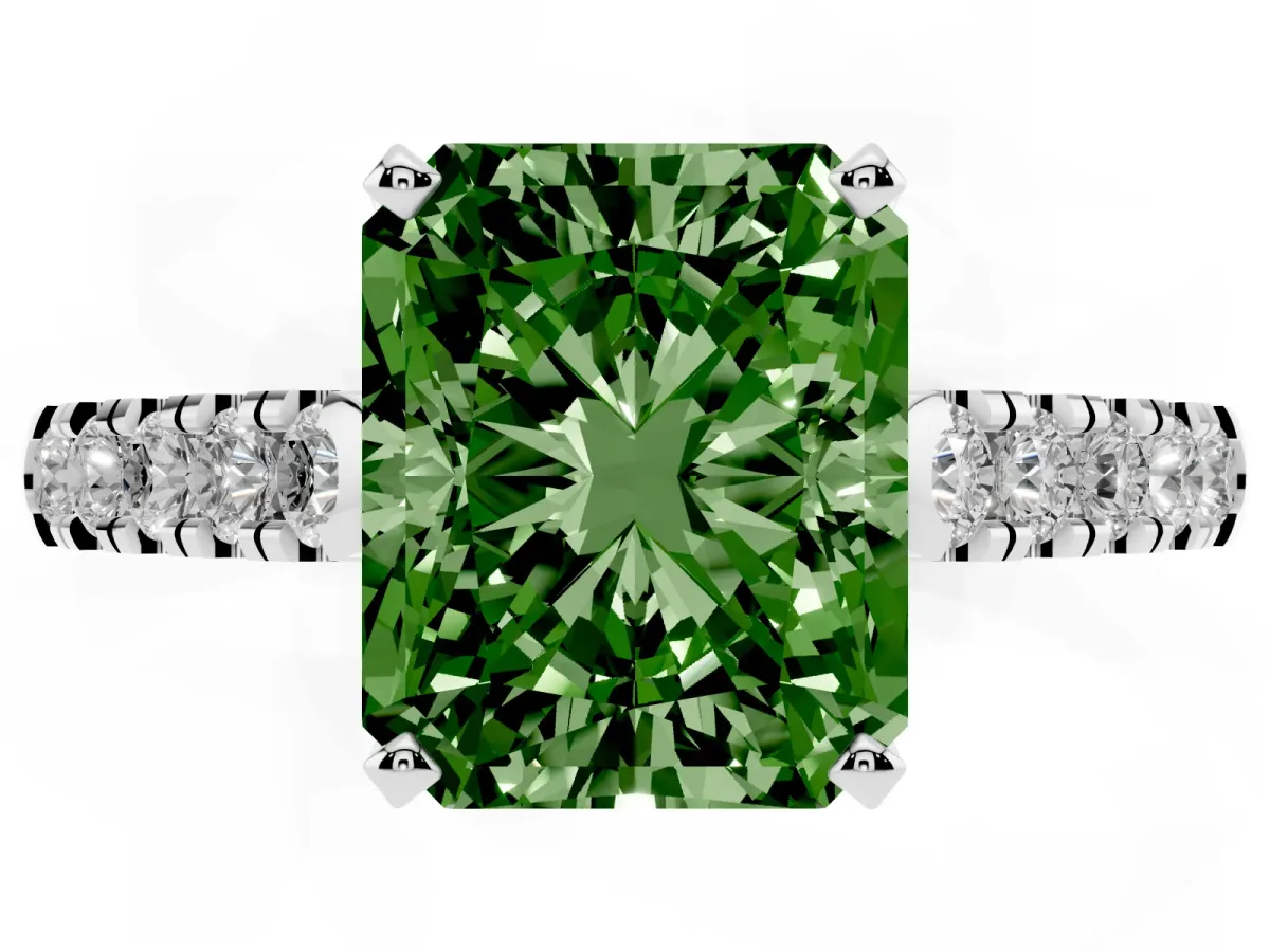 Fancy Green Radiant Cut Diamond Pavé Band Solitaire Ring with Prong Setting Silver