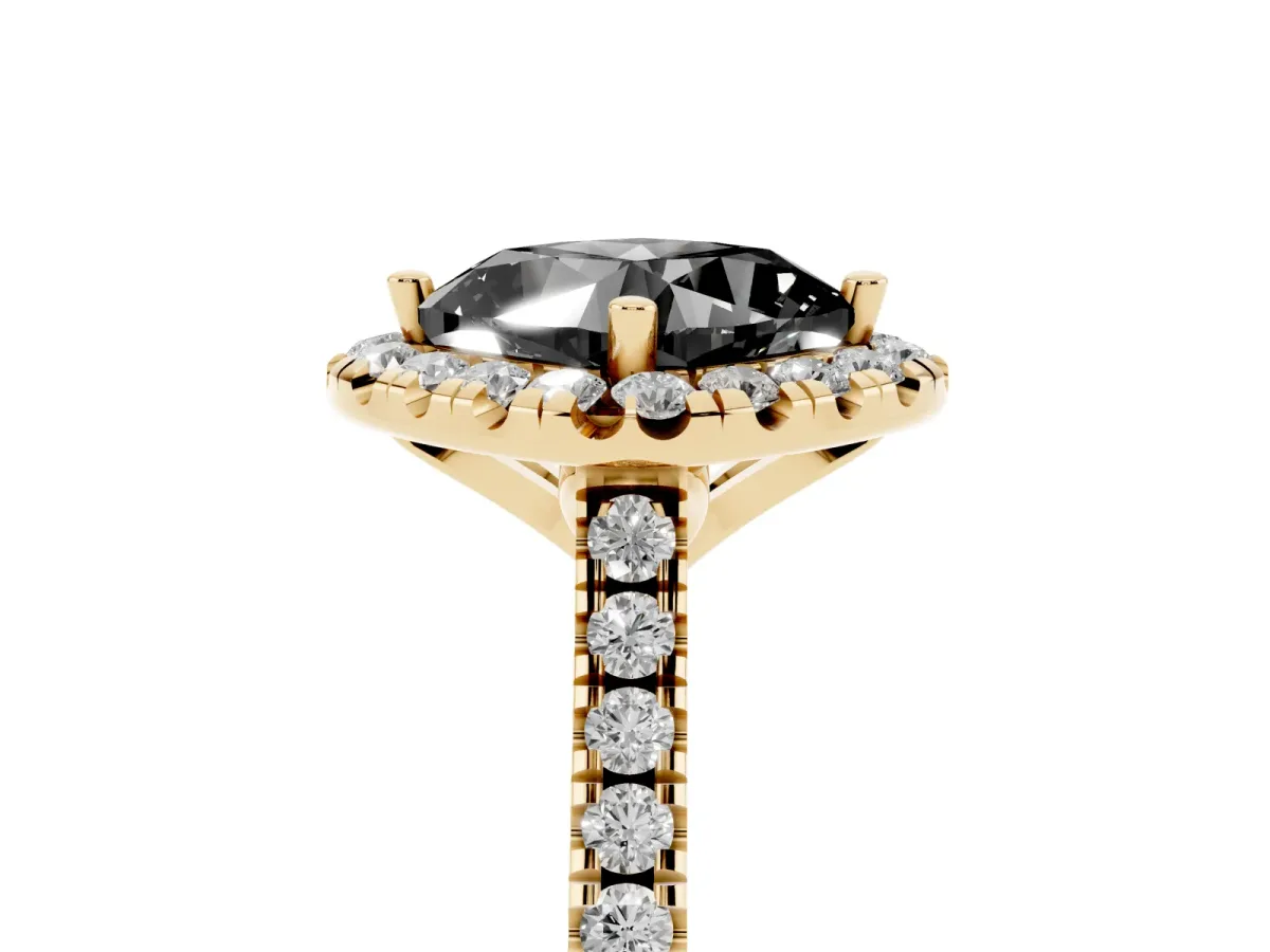 Fancy Black Cushion Cut Diamond Cushion Halo Ring with Pavé Band Yellow gold