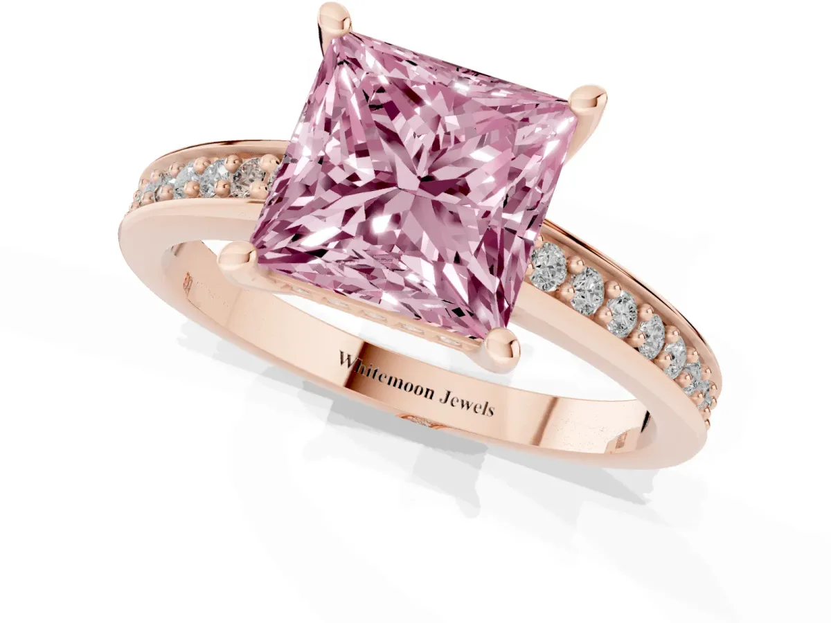 Fancy Pink Princess Cut Solitaire Pavé Band Prong Setting Ring Rose gold