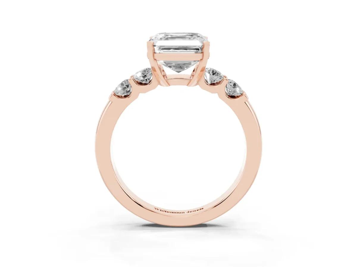Asscher Cut Brilliant Cut Diamond Five-Stone Prong Set Engagement Ring with Channel Band Rose gold