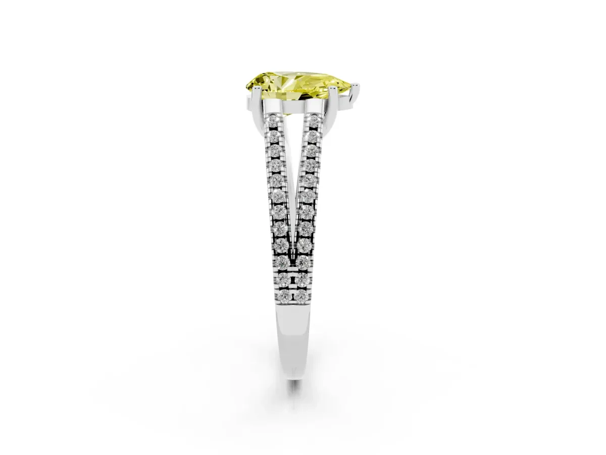 Fancy Yellow Pear Cut Diamond Solitaire Engagement Ring with Split Shank Pavé Band Platinum