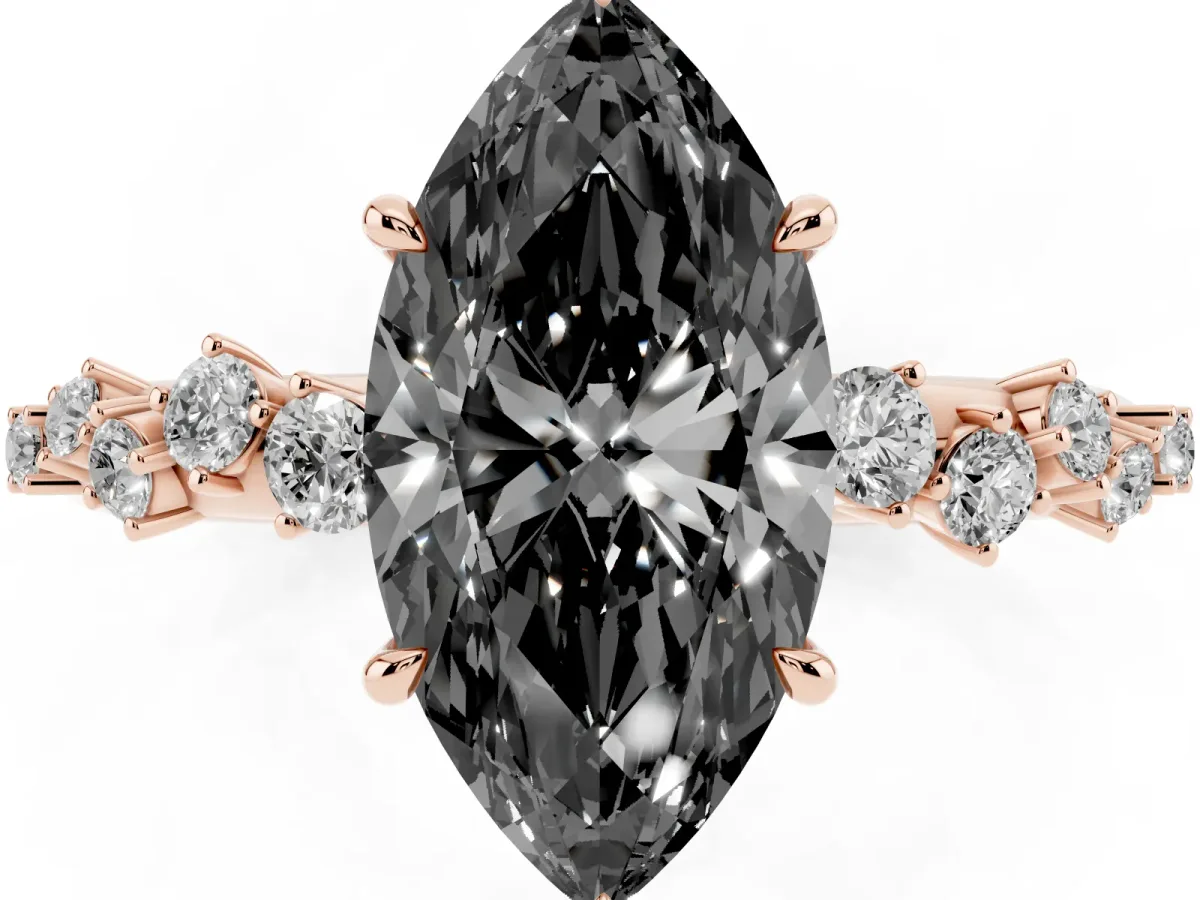 Fancy Black Marquise Cut Diamond Cluster Side Stone Solitaire Ring with Prong Setting Rose gold
