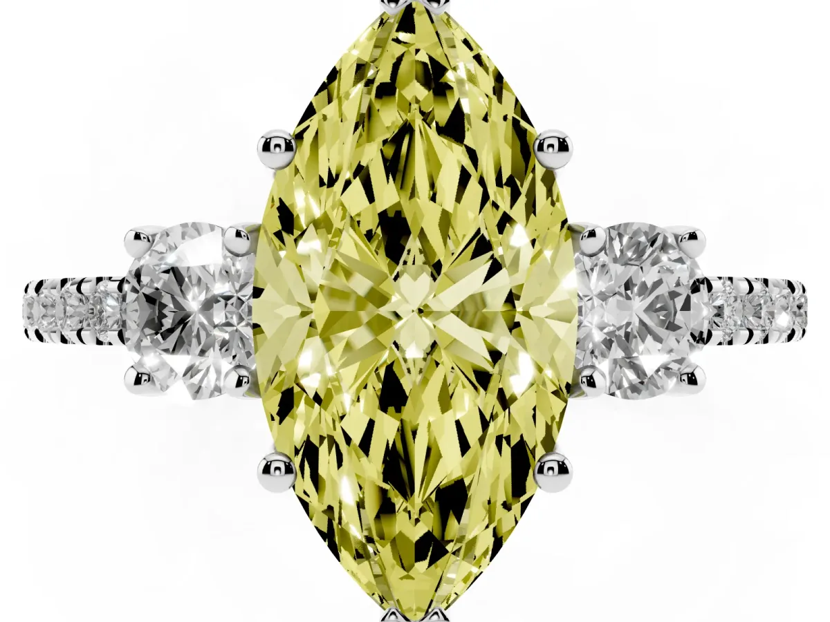 Fancy Yellow Three-Stone Marquise Cut Cut Diamond Pavé Band with Prong Setting Silver