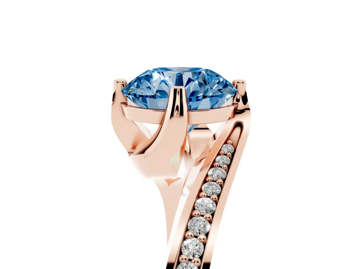Fancy Blue Round Cut Solitaire Diamond Twist Band with Pavé Setting and Four-Prong Setting Rose gold