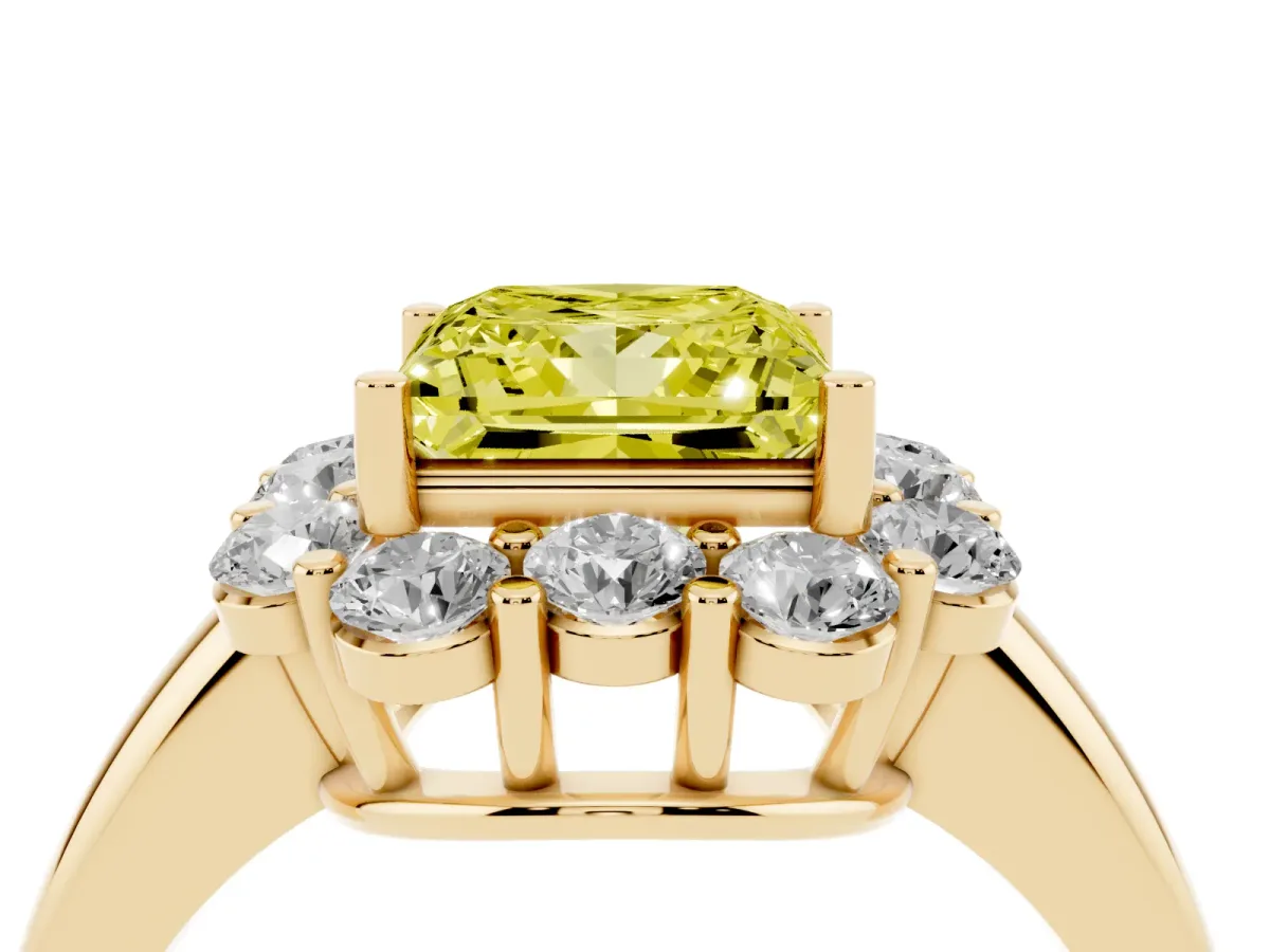 Fancy Yellow Princess Cut Halo Milgrain Solitaire with Bezel Set Side Stones and Pave Band Yellow gold
