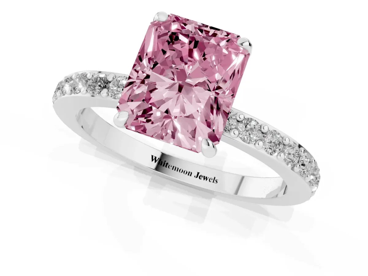 Fancy Pink Radiant Cut Diamond Pavé Engagement Ring with Round Accents and Prong Setting White gold