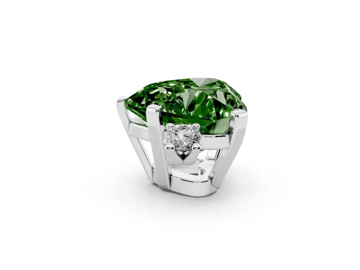 Fancy Green Heart Cut Cut Three-Stone Solitaire Ring with Round Accent Diamonds and Four-Prong Setting White gold