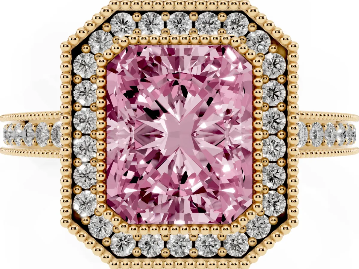 Fancy Pink Radiant Cut Cut Halo Diamond Ring with Pavé Band and Milgrain Prong Setting Yellow gold