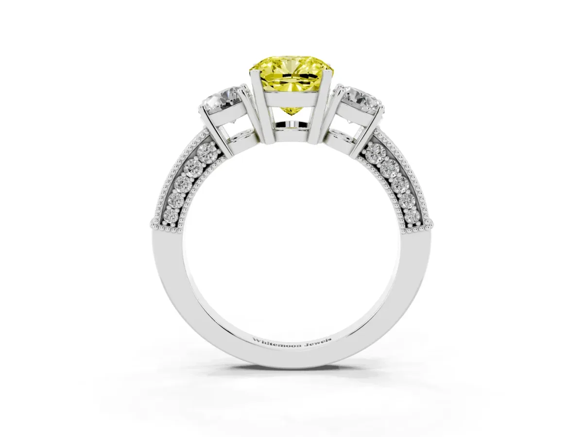 Fancy Yellow Cushion Cut Three-Stone Diamond Ring with Pavé Band and Four-Prong Setting Silver