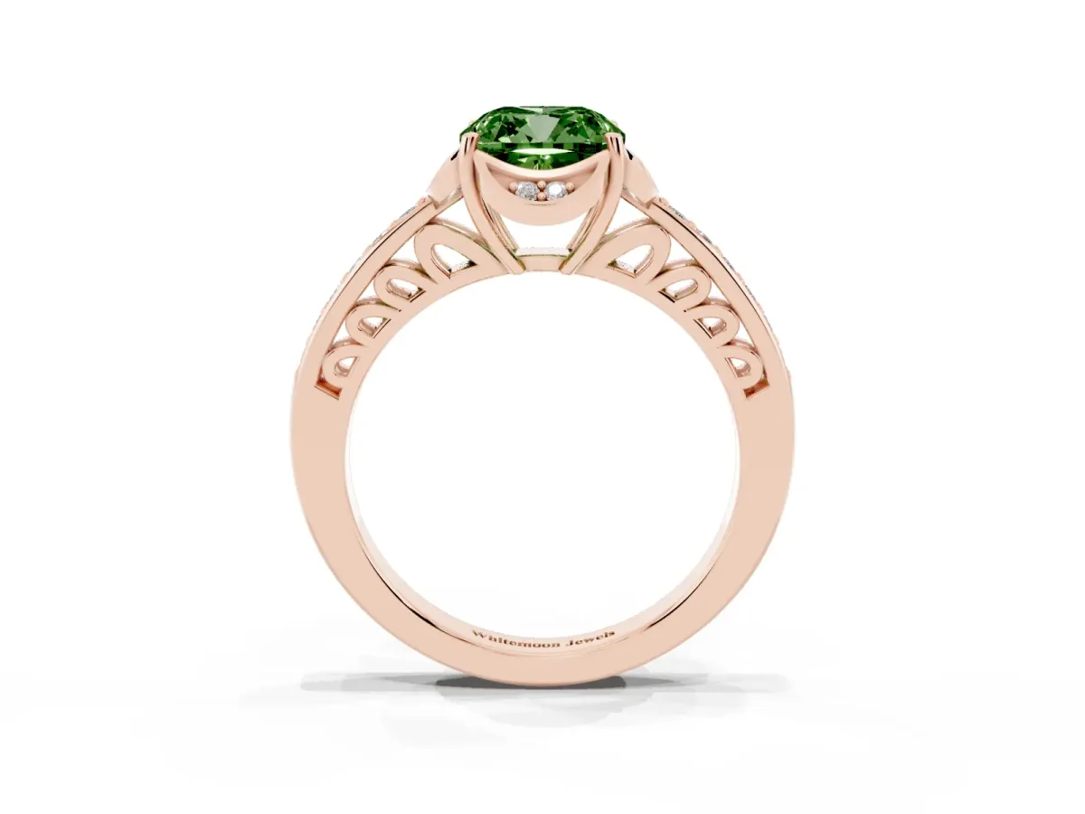 Fancy Green Cushion Cut Cut Halo Diamond Ring with Channel Set Band and Four-Prong Setting Rose gold