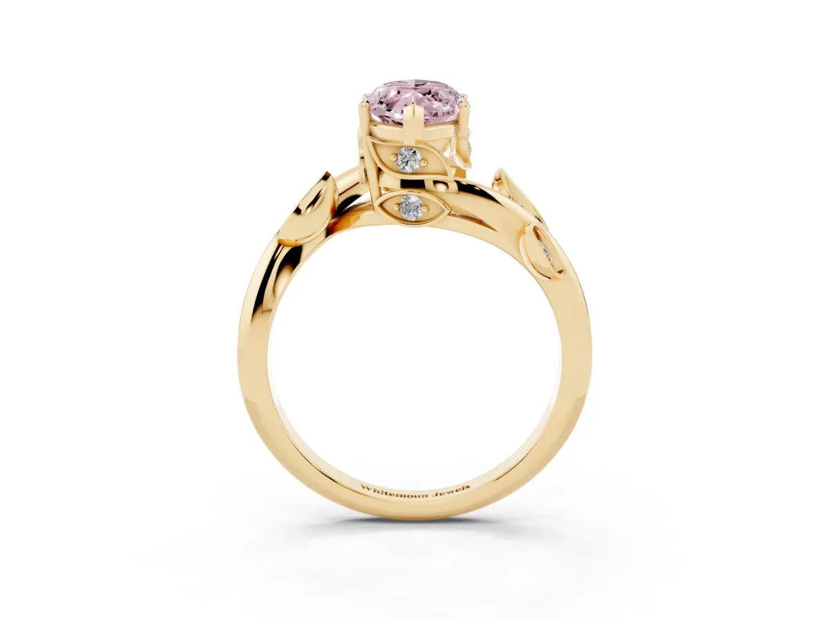 Fancy Pink Marquise Cut Solitaire Twist Engagement Ring with Leaf Accents and Prong Setting Yellow gold