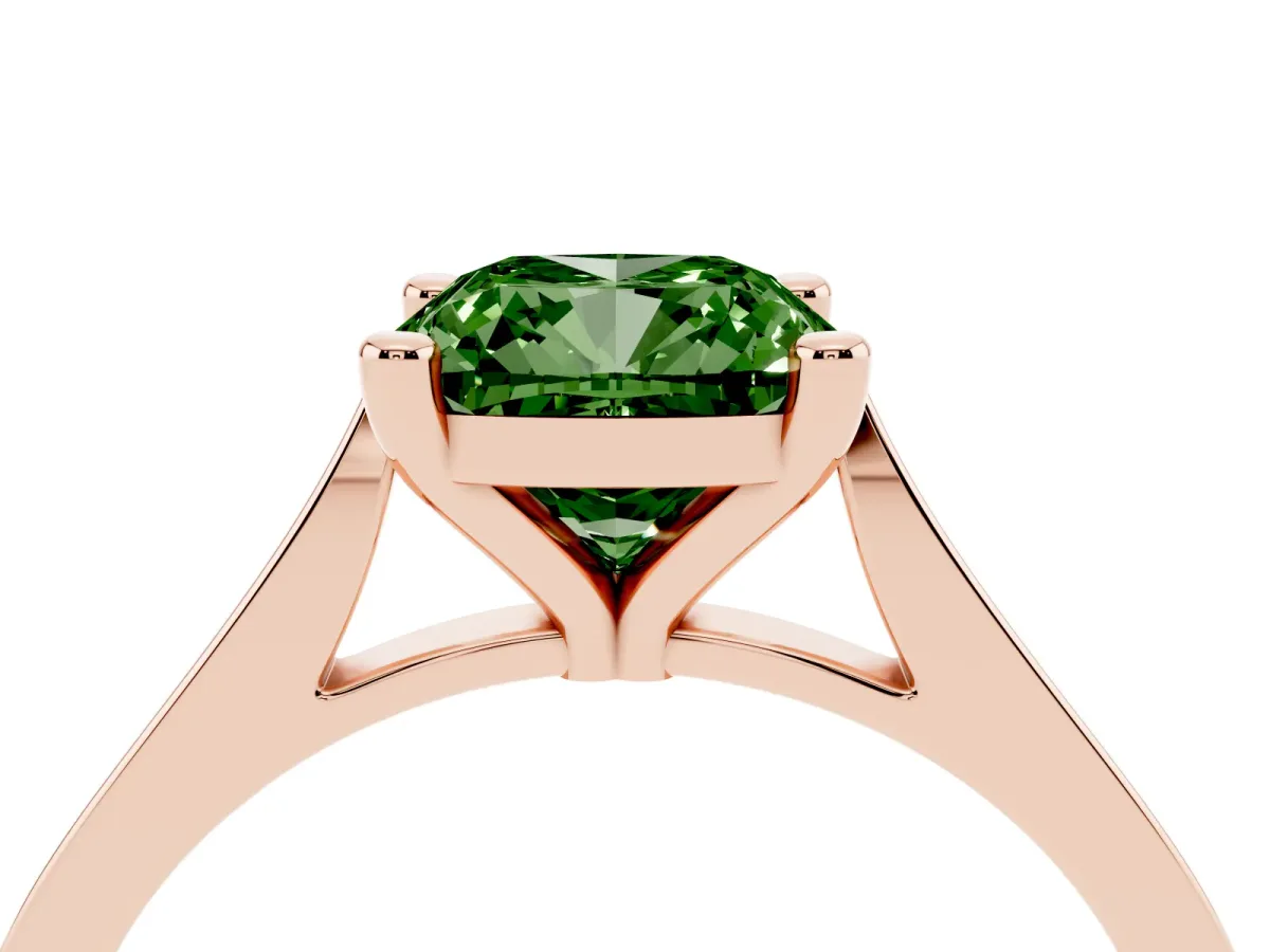 Fancy Green Cushion Cut Solitaire Diamond Ring with Four-Prong Setting and Tapered Band Rose gold