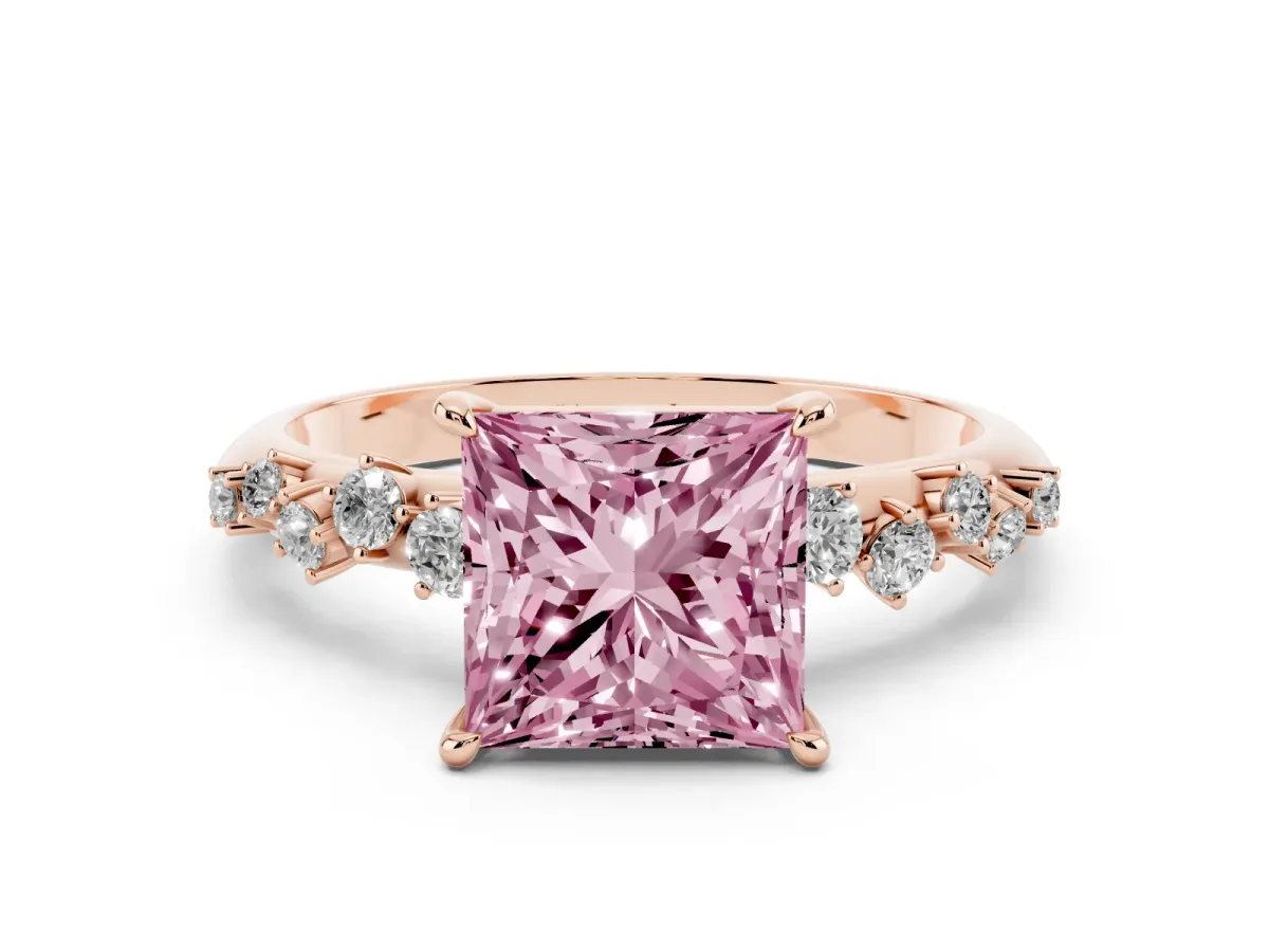 Fancy Pink Princess Cut Diamond Cluster Side Stone Solitaire Ring with Prong Setting Rose gold