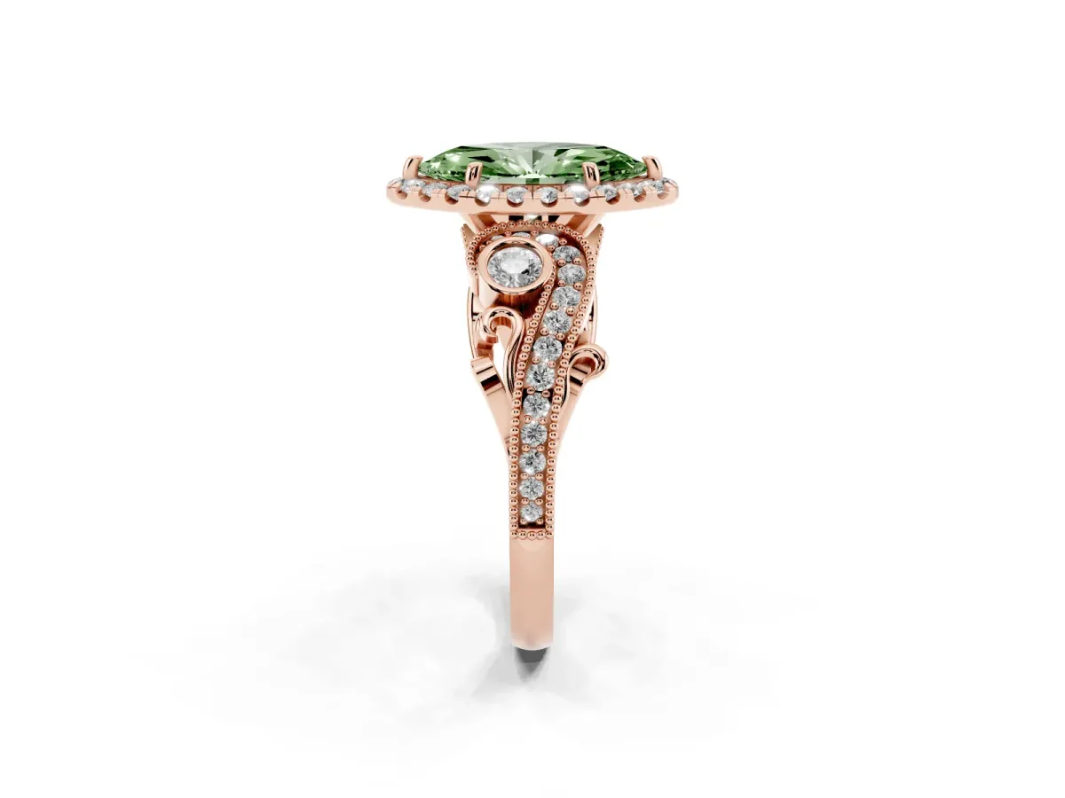 Fancy Green Marquise Cut Diamond Halo Ring with Milgrain Pavé Band and Four-Prong Setting Rose gold