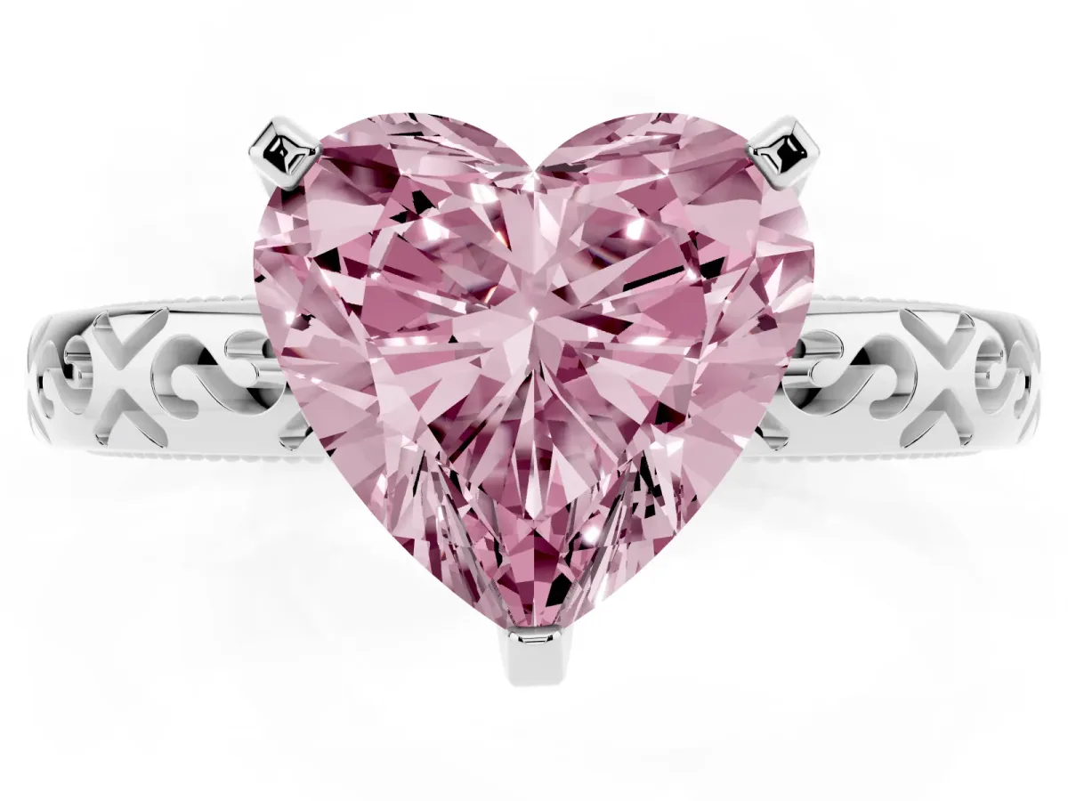 Fancy Pink Heart Cut Solitaire Engagement Ring with Scrollwork Band and Four-Prong Setting Platinum