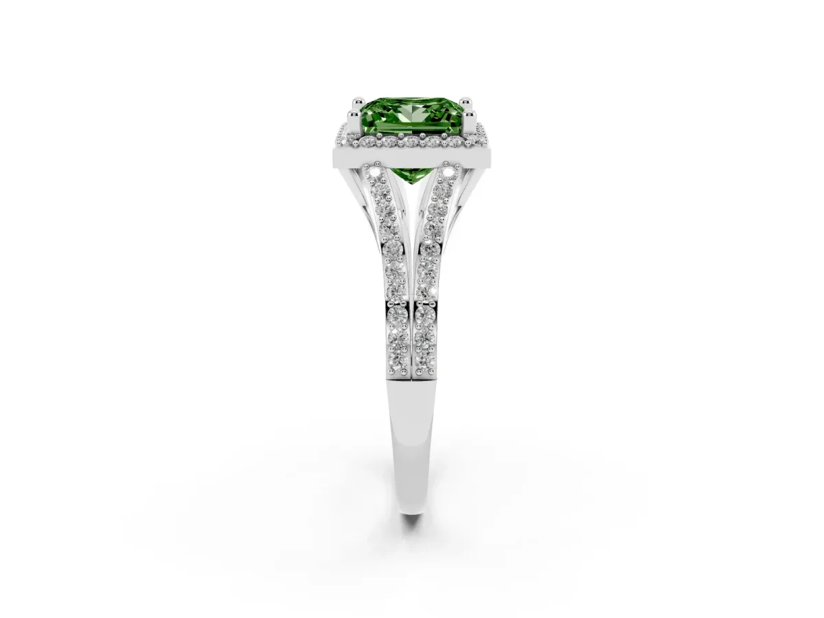 Fancy Green Princess Cut Halo Split Shank Diamond Ring with Prong Setting White gold