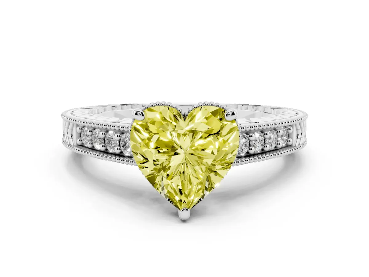 Fancy Yellow Heart Cut Solitaire Pavé Diamond Milgrain Engagement Ring with Four-Prong Setting Silver