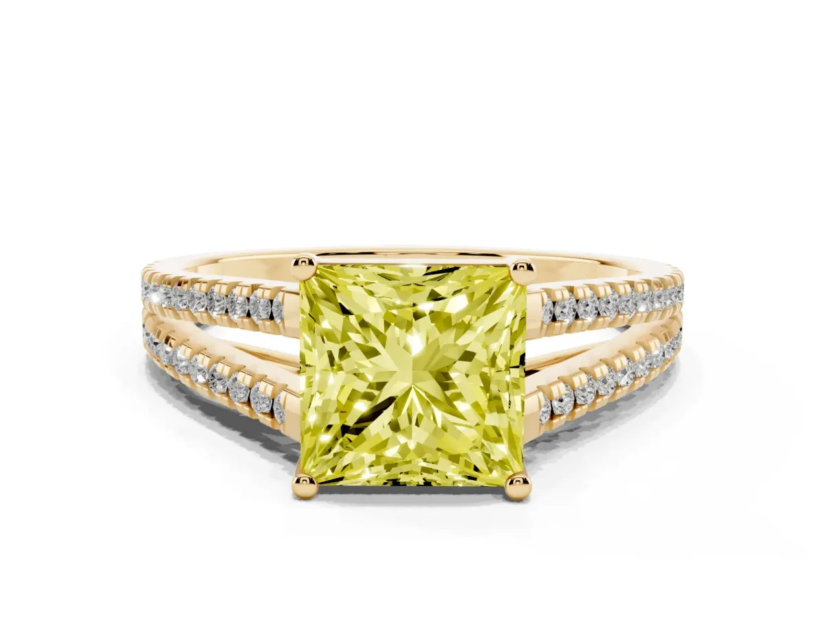 Fancy Yellow Princess Cut Diamond Solitaire Engagement Ring with Split Shank Pavé Band Yellow gold