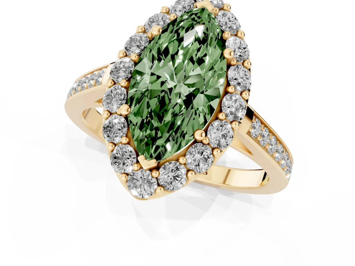 Fancy Green Marquise Cut Diamond Floral Halo Ring with Pavé Band and Prong Setting Yellow gold