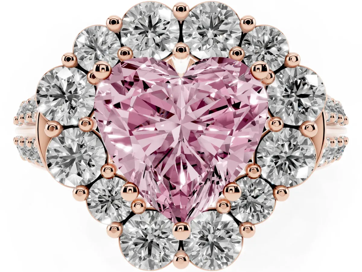 Fancy Pink Heart Cut Halo Diamond Engagement Ring with Split Shank and Prong Setting Rose gold