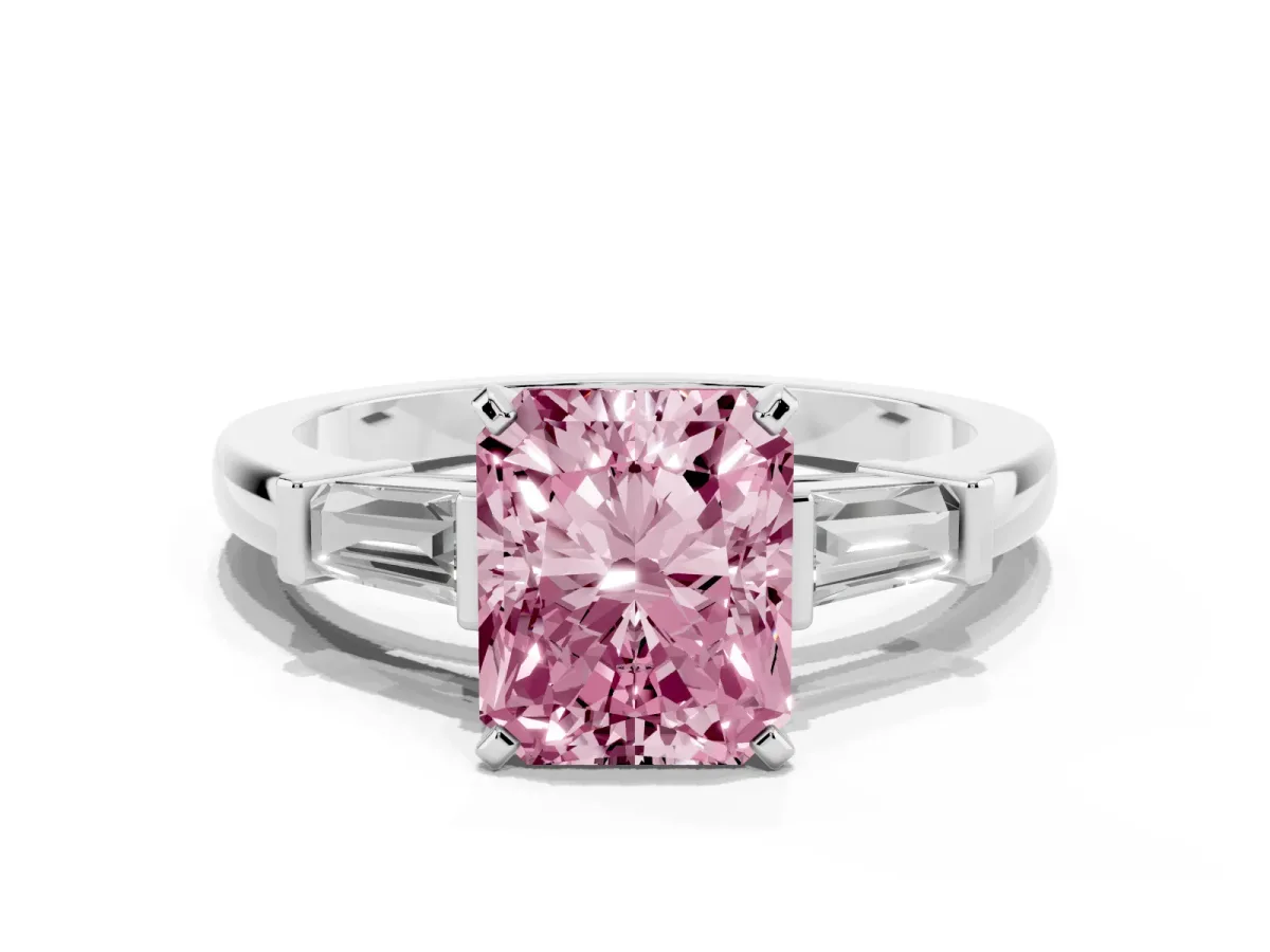 Fancy Pink Radiant Cut Cut Diamond Solitaire Ring with Tapered Baguette Accents and Four-Prong Setting White gold