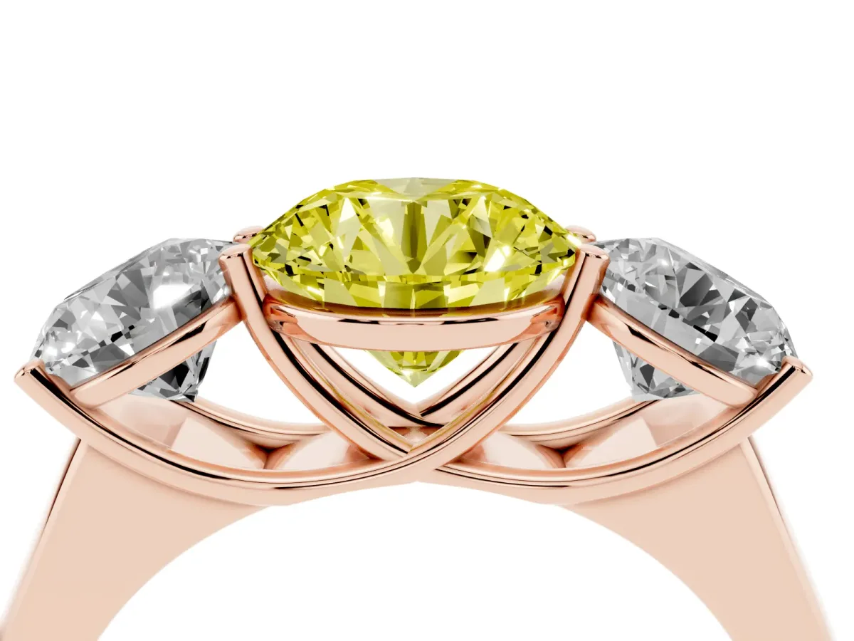 Fancy Yellow Round Cut Three-Stone Diamond Ring with Prong Setting on a Classic Band Rose gold