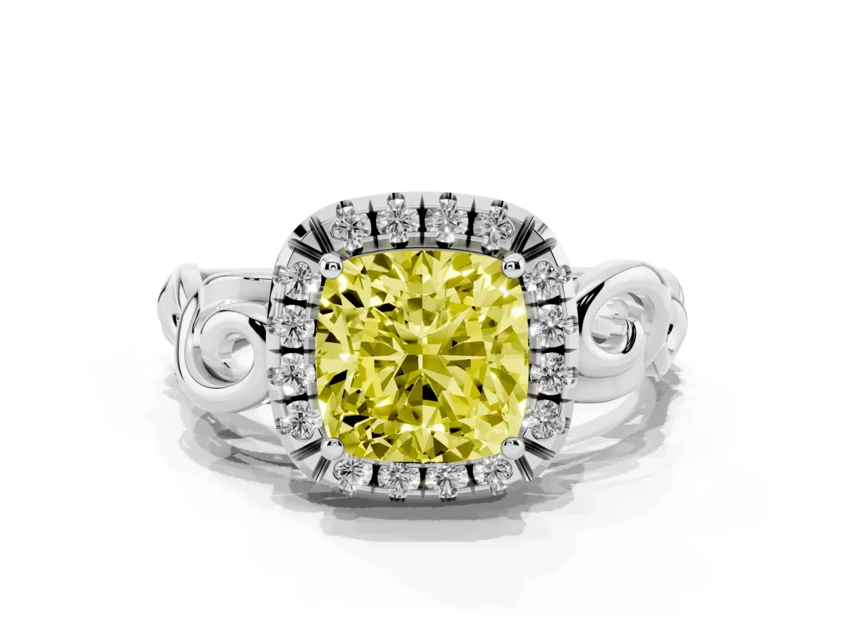 Fancy Yellow Cushion Cut Cut Halo Diamond Ring with Scrollwork Band and Four-Prong Setting Silver