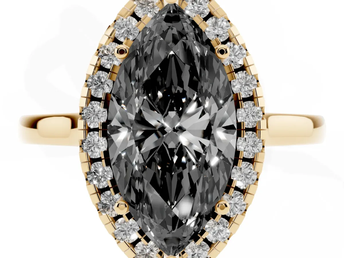 Fancy Black Marquise Cut Halo Round Diamond Solitaire Ring with Pavé Band and Four-Prong Setting Yellow gold