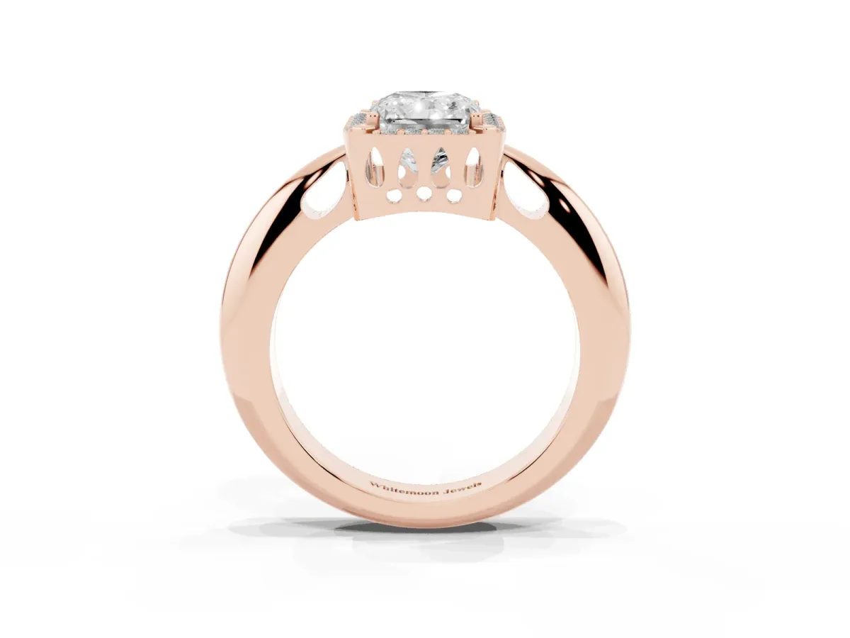 Radiant Cut Cut Diamond Halo Engagement Ring with Split Shank and Four-Prong Setting Rose gold
