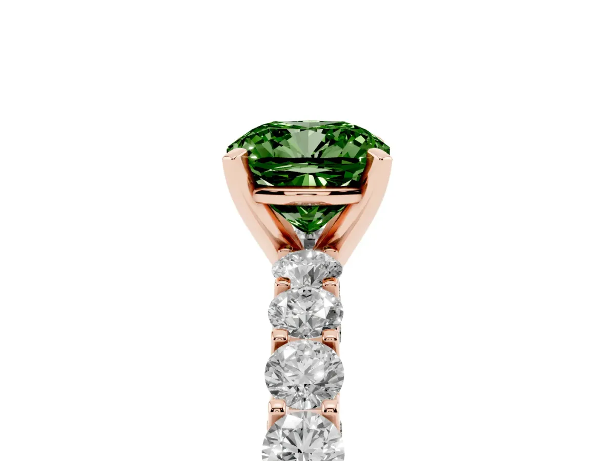 Fancy Green Cushion Cut Diamond Solitaire Ring with Shared Prong Pavé Band and Four-Prong Setting Rose gold