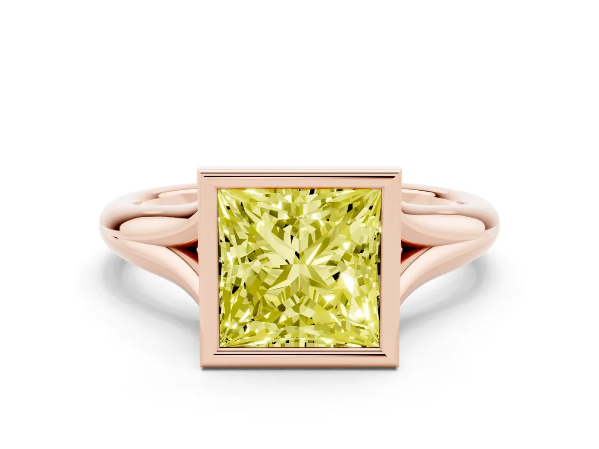 Fancy Yellow Bezel Set Princess Cut Solitaire Diamond Ring with Smooth Band Rose gold