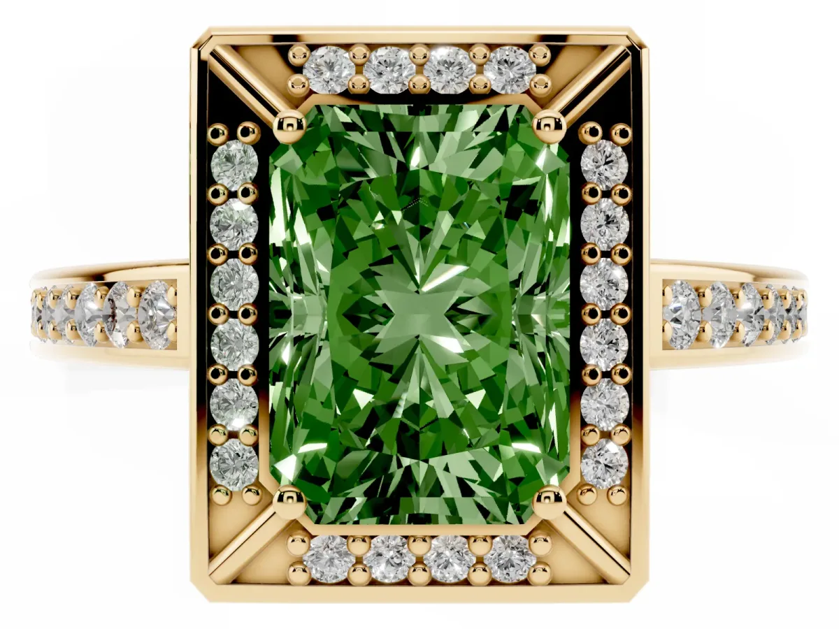 Fancy Green Radiant Cut Cut Halo Pave Split Shank Prong Setting Ring Yellow gold